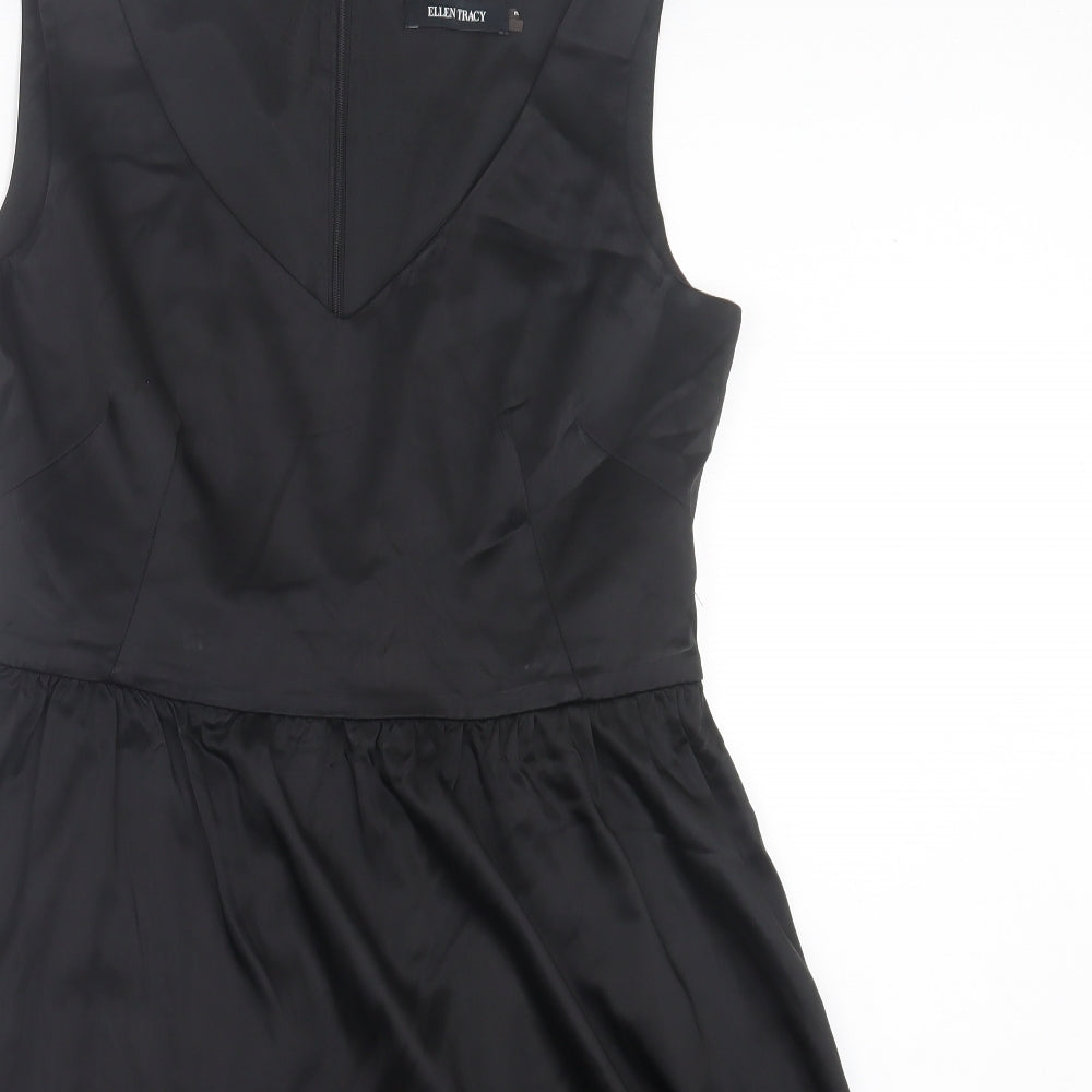 Ellen Tracy Womens Black Acetate A-Line Size L V-Neck Zip