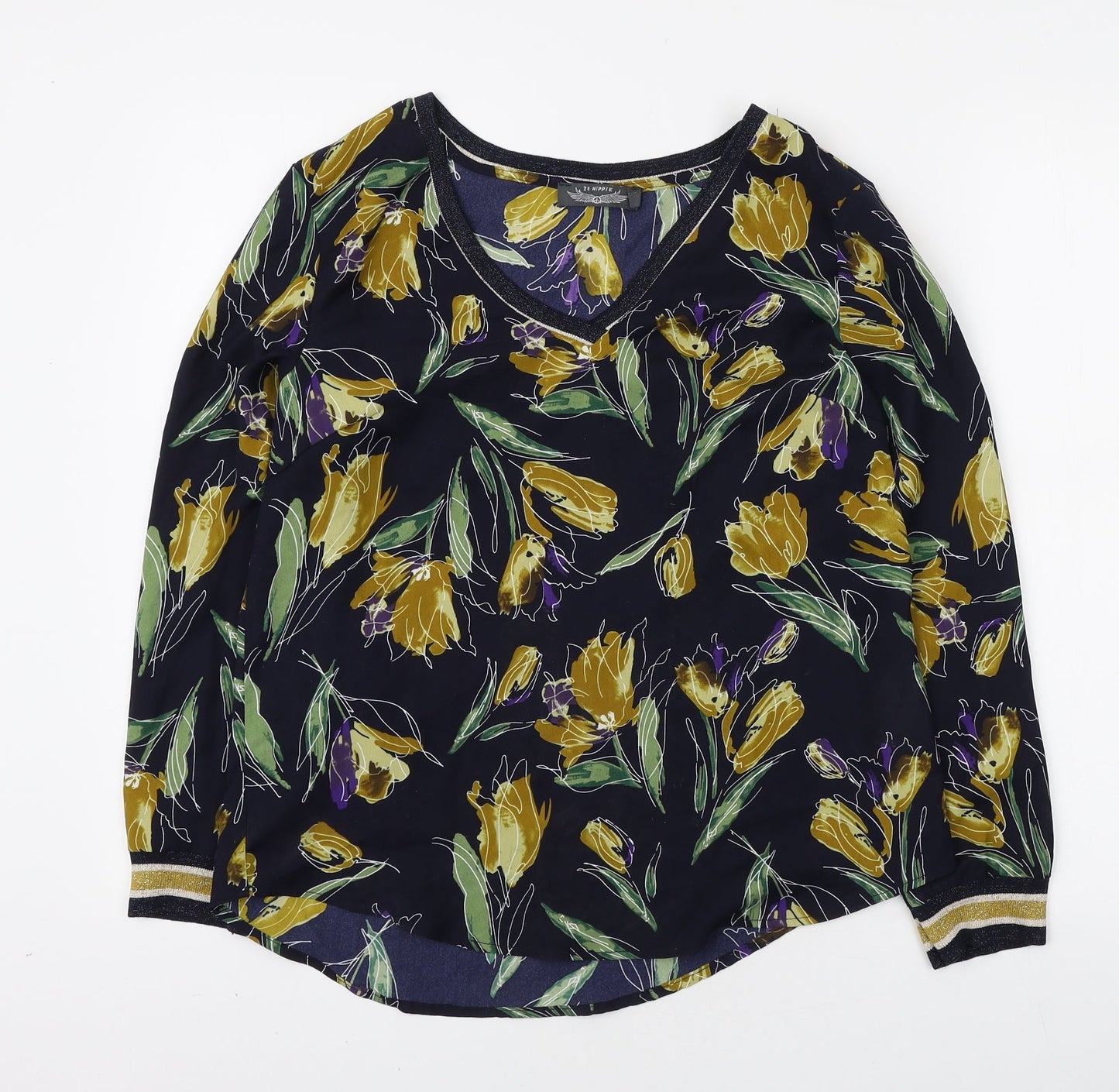 It Hippie Womens Blue Floral Polyester Basic Blouse Size M V-Neck