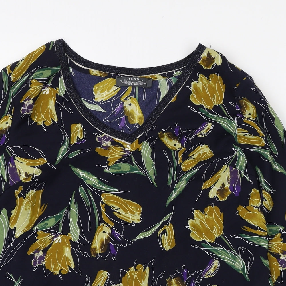 It Hippie Womens Blue Floral Polyester Basic Blouse Size M V-Neck
