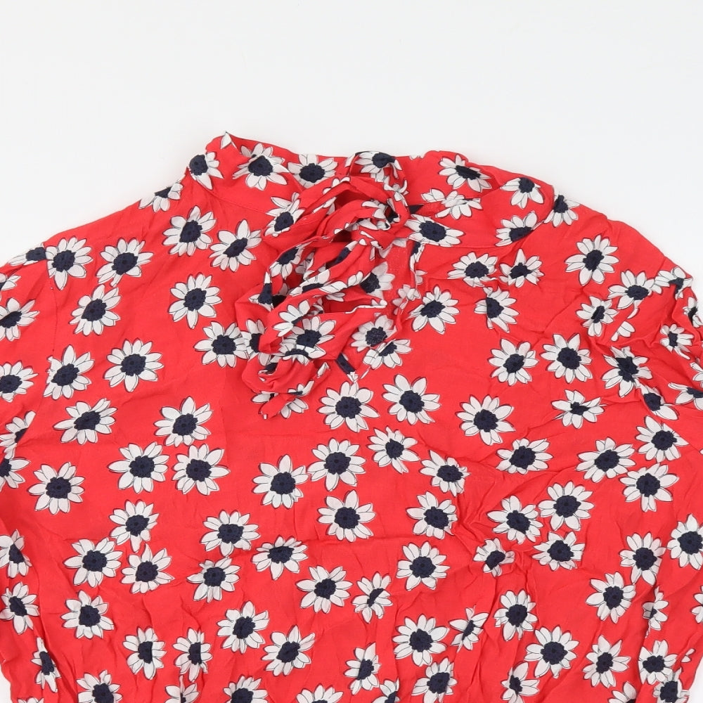 Marks and Spencer Womens Red Geometric Viscose Basic Blouse Size 14 Round Neck