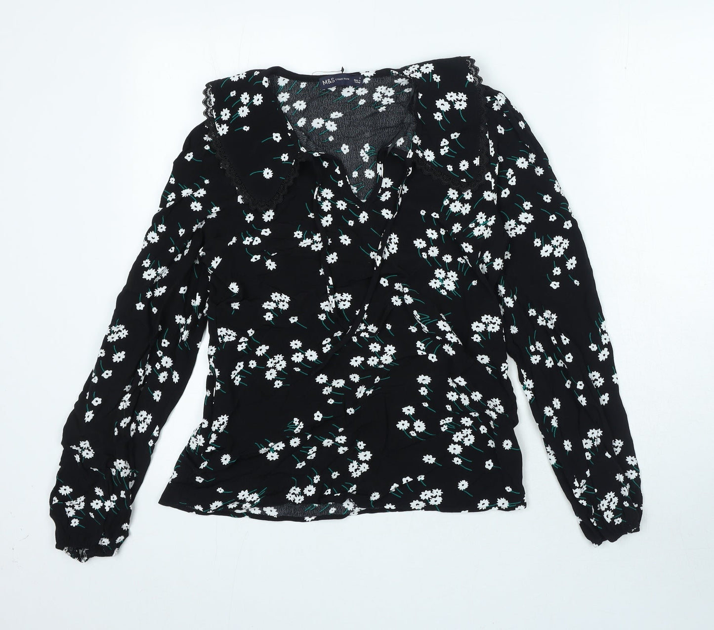 Marks and Spencer Womens Black Floral Viscose Basic Blouse Size 6 V-Neck