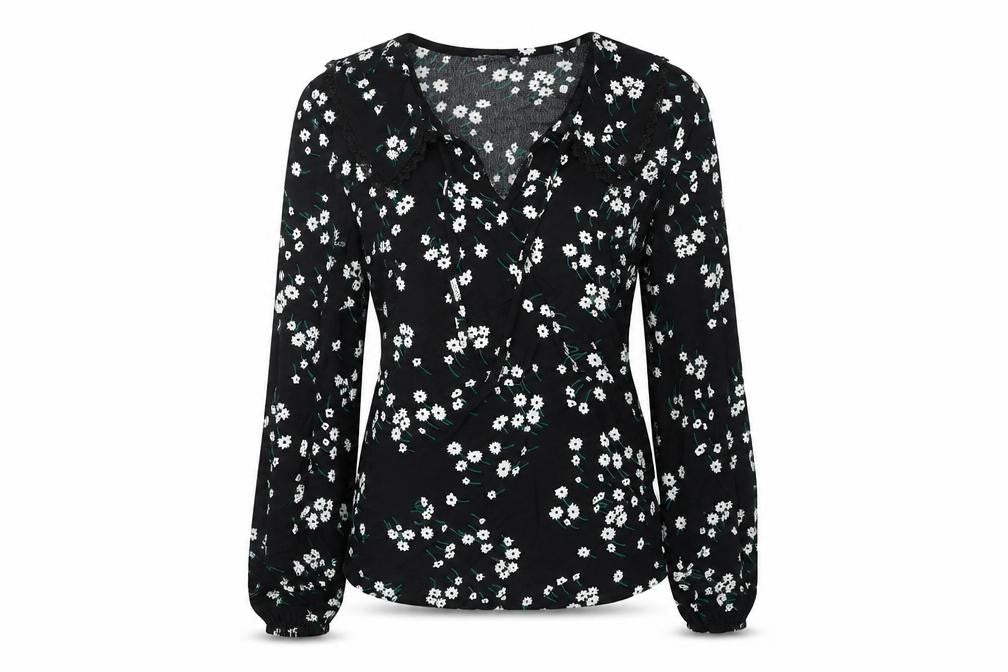 Marks and Spencer Womens Black Floral Viscose Basic Blouse Size 6 V-Neck