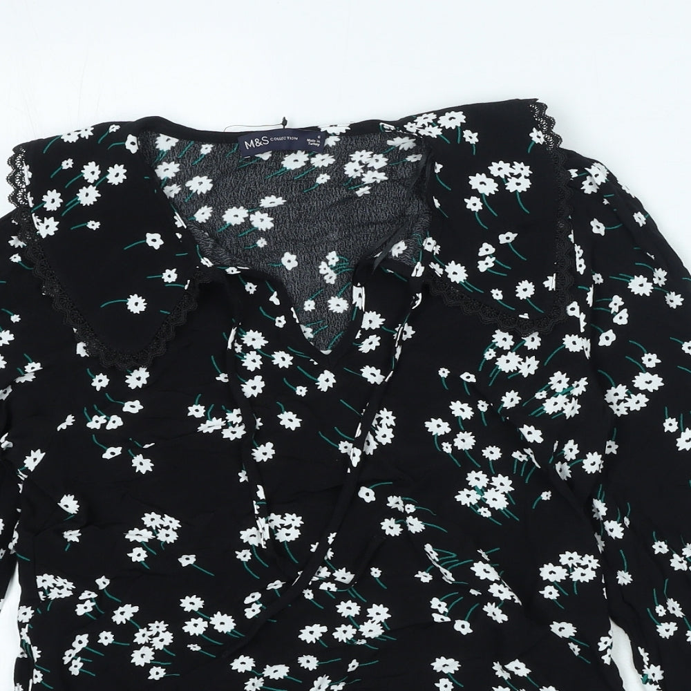 Marks and Spencer Womens Black Floral Viscose Basic Blouse Size 6 V-Neck
