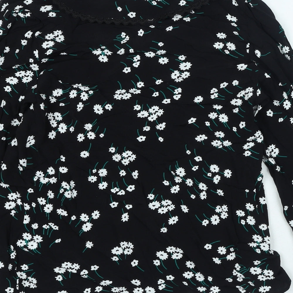 Marks and Spencer Womens Black Floral Viscose Basic Blouse Size 6 V-Neck