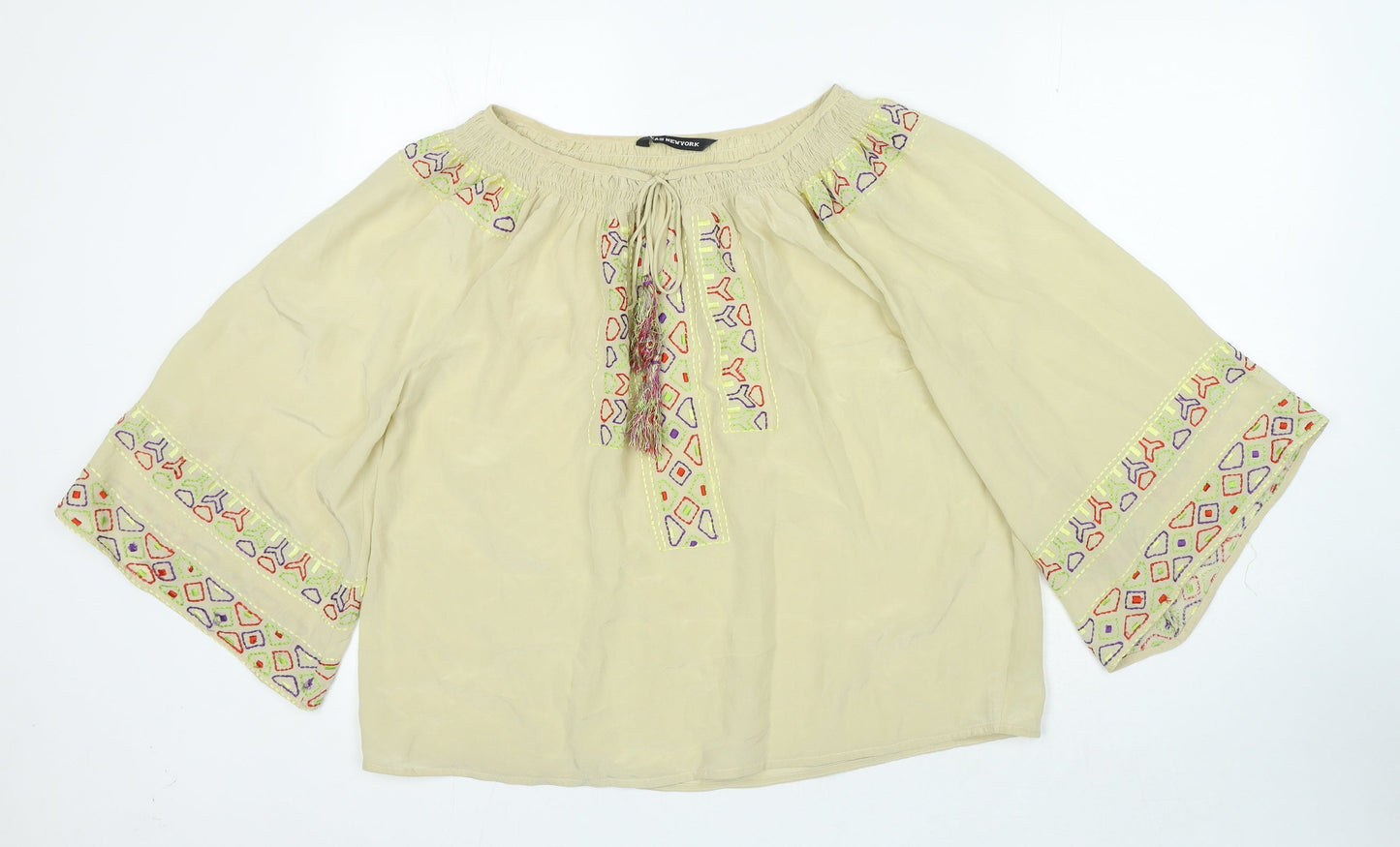 Kas New York Womens Beige Geometric Polyester Basic Blouse Size L Boat Neck