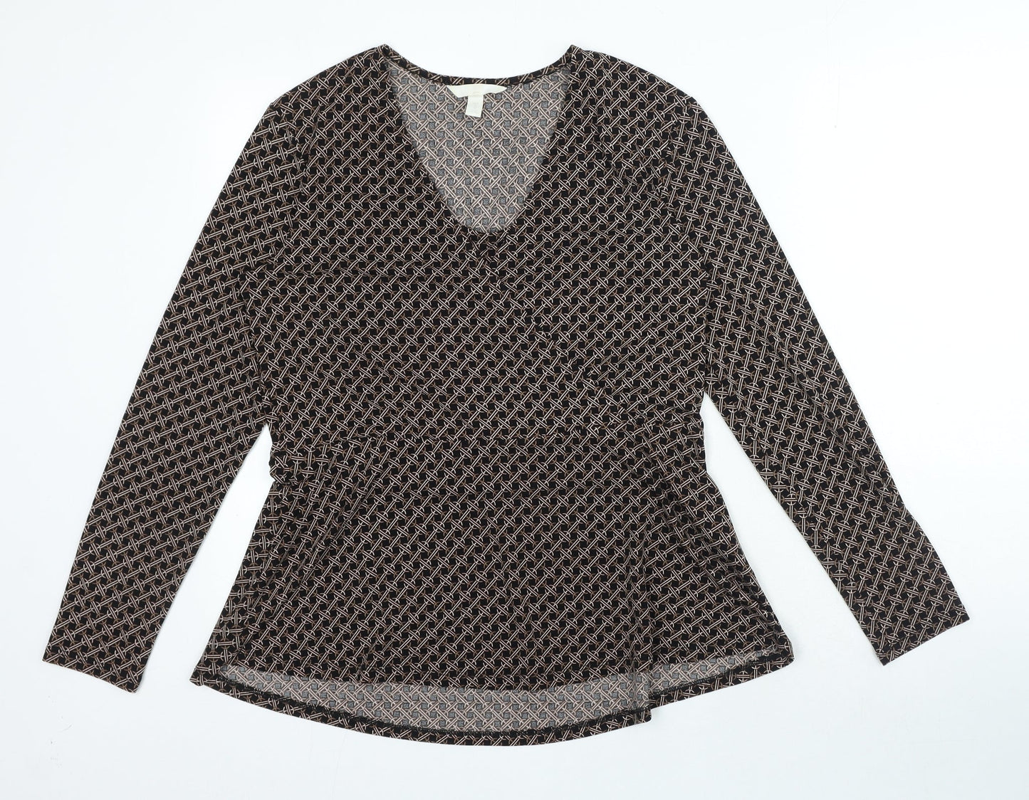H&M Womens Brown Geometric Polyester Basic Blouse Size M V-Neck