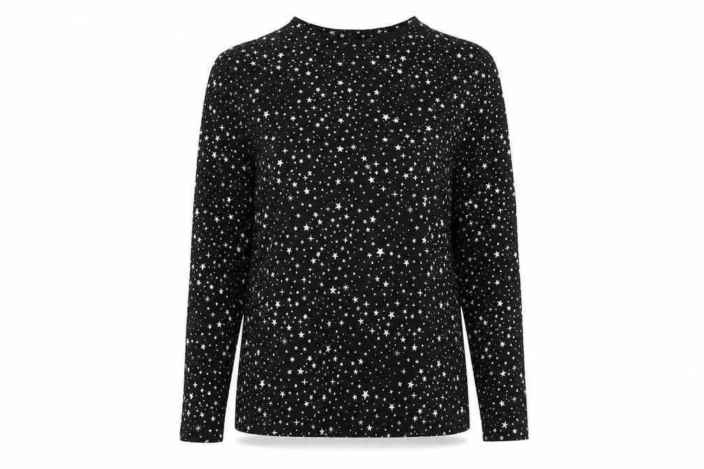 Marks and Spencer Womens Black Geometric Cotton Top Pyjama Top Size 8 - Stars