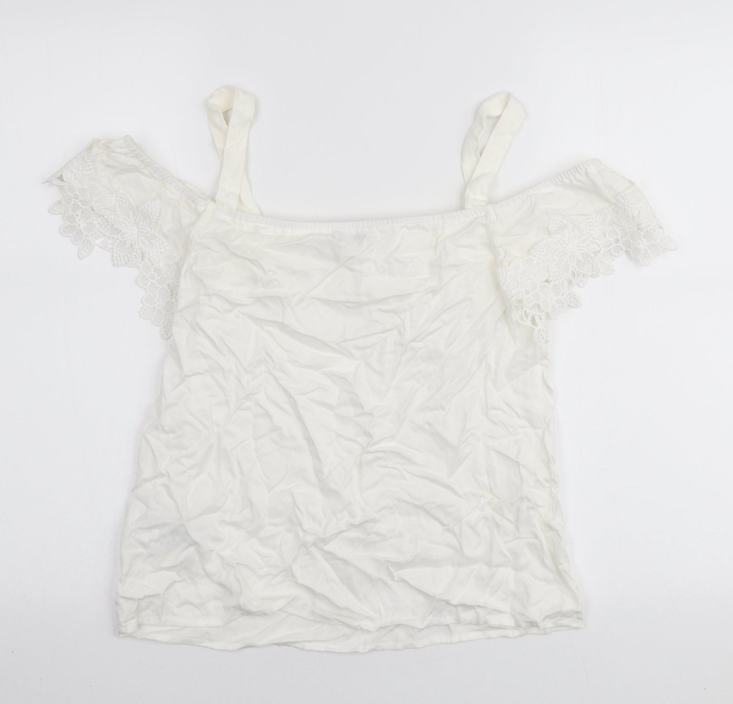 Oasis Womens White Viscose Basic Blouse Size 10 Off the Shoulder - Lace Detail