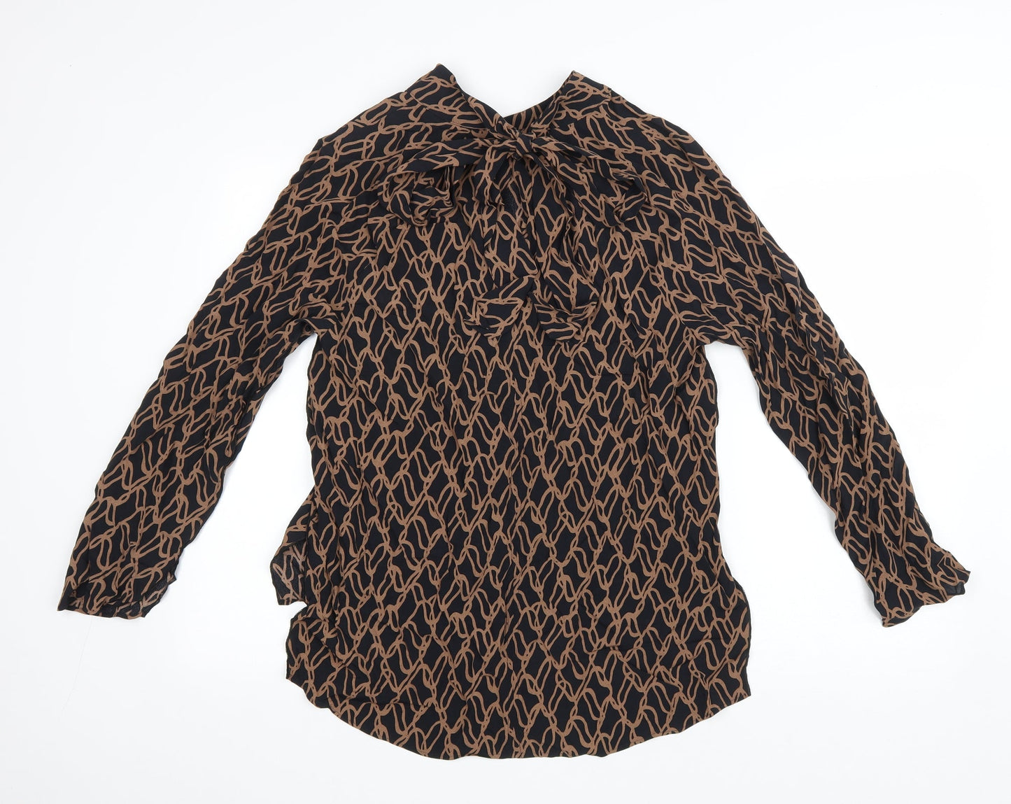 Marks and Spencer Womens Brown Geometric Viscose Basic Blouse Size 14 Mock Neck