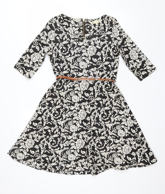 Youmi Womens Black Floral Cotton Fit & Flare Size 10 Scoop Neck Zip