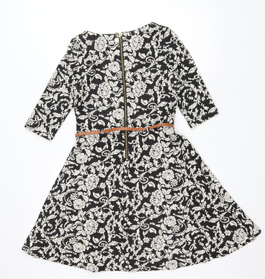 Youmi Womens Black Floral Cotton Fit & Flare Size 10 Scoop Neck Zip