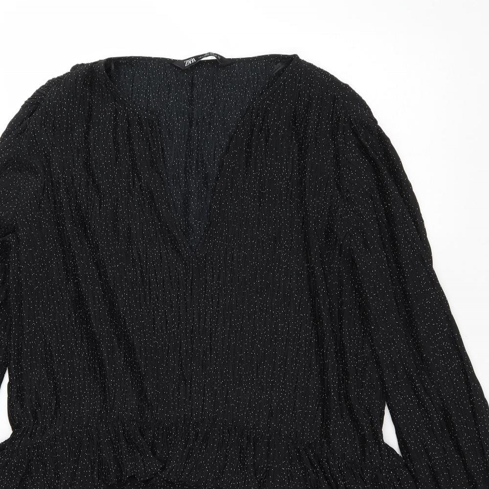Zara Womens Black Polka Dot Polyester Trapeze & Swing Size L V-Neck Pullover