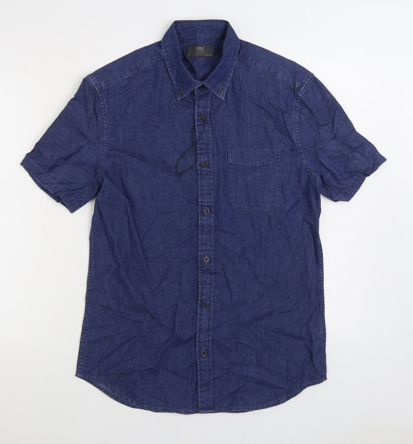 Marks and Spencer Mens Blue Cotton Button-Up Size S Collared Button