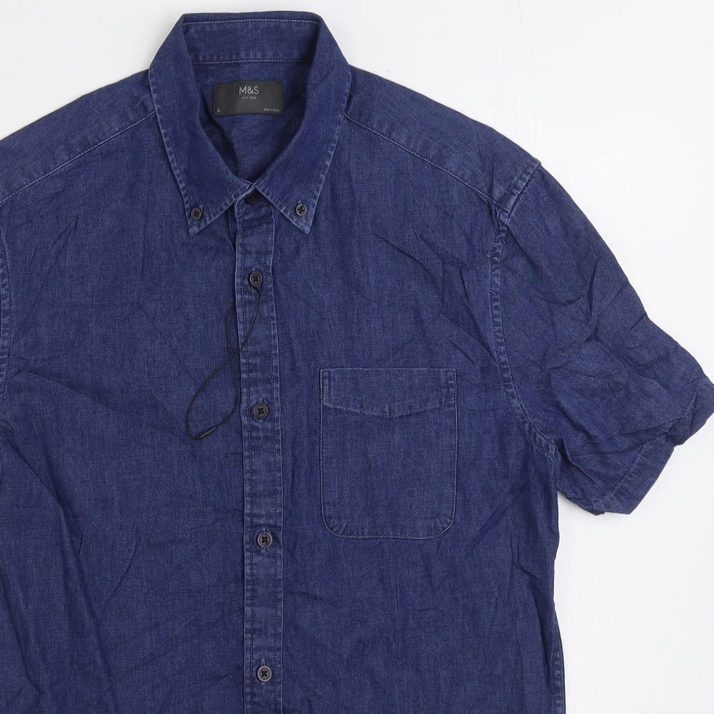 Marks and Spencer Mens Blue Cotton Button-Up Size S Collared Button