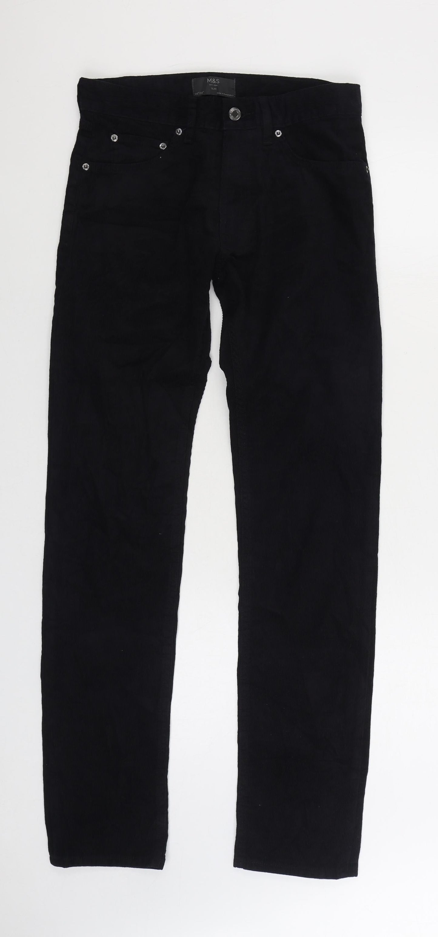 Marks and Spencer Womens Black Cotton Trousers Size 28 in L33 in Slim Zip