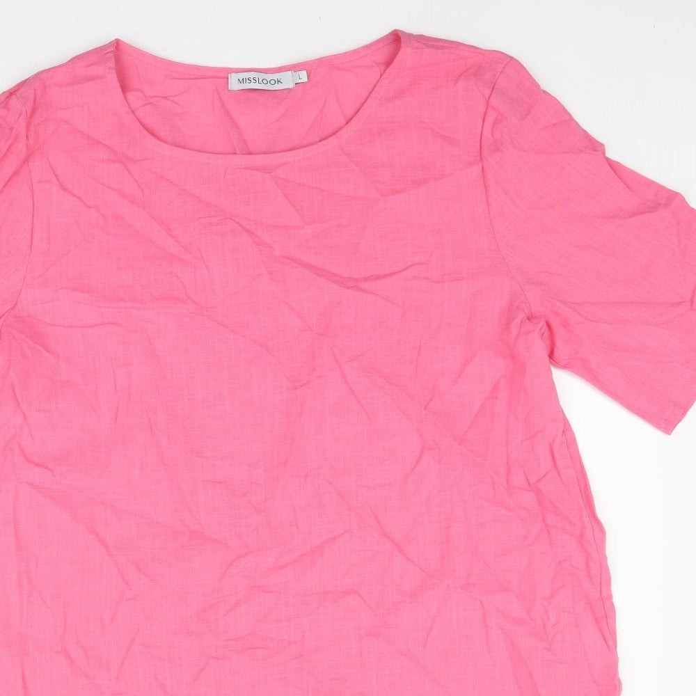 MissLook Womens Pink Polyester Basic T-Shirt Size L Round Neck - Asymmetric