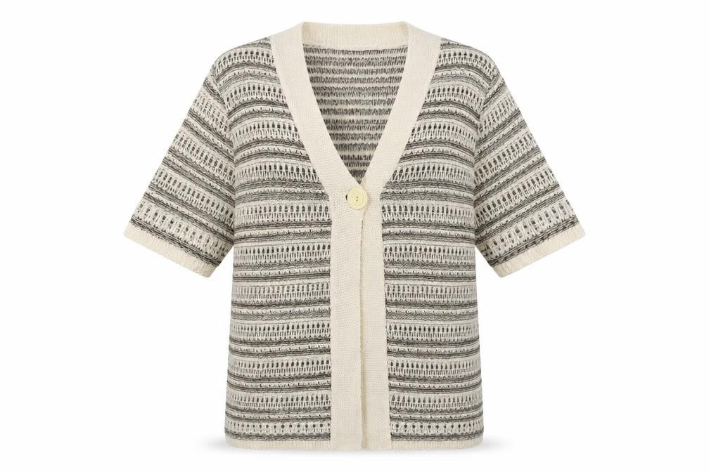 Bonmarché Womens Beige V-Neck Striped Acrylic Cardigan Jumper Size S