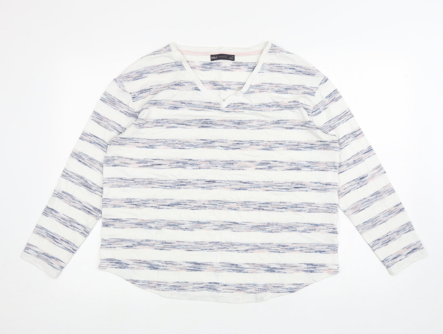 Marks and Spencer Womens White V-Neck Striped Viscose Pullover Jumper Size 14