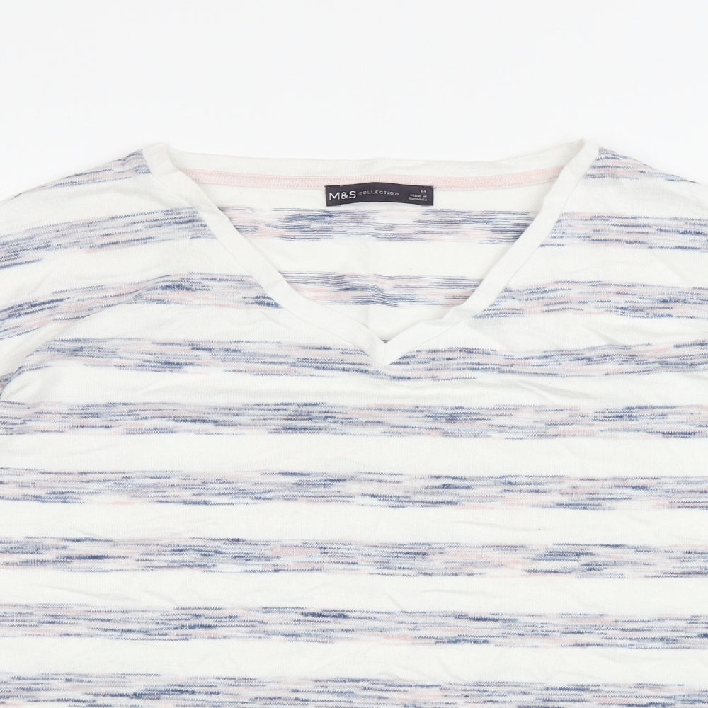 Marks and Spencer Womens White V-Neck Striped Viscose Pullover Jumper Size 14
