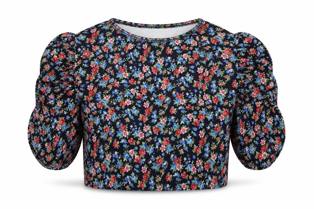 Urban Bliss Womens Multicoloured Floral Polyester Cropped T-Shirt Size 10 Crew Neck - Ruched Sleeves