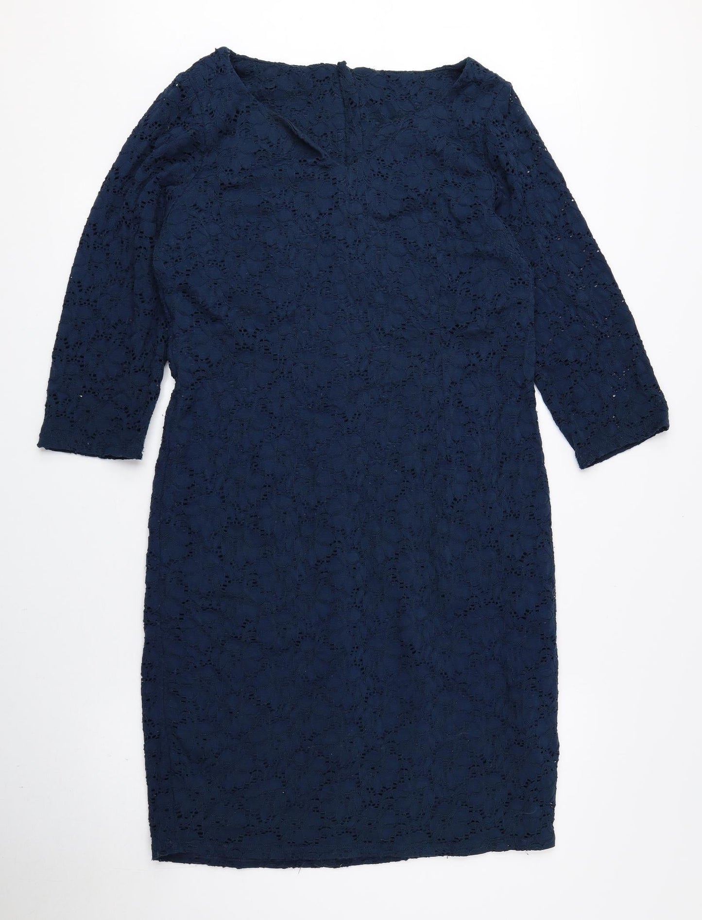 Preworn Womens Blue Nylon Pencil Dress Size 14 V-Neck Zip