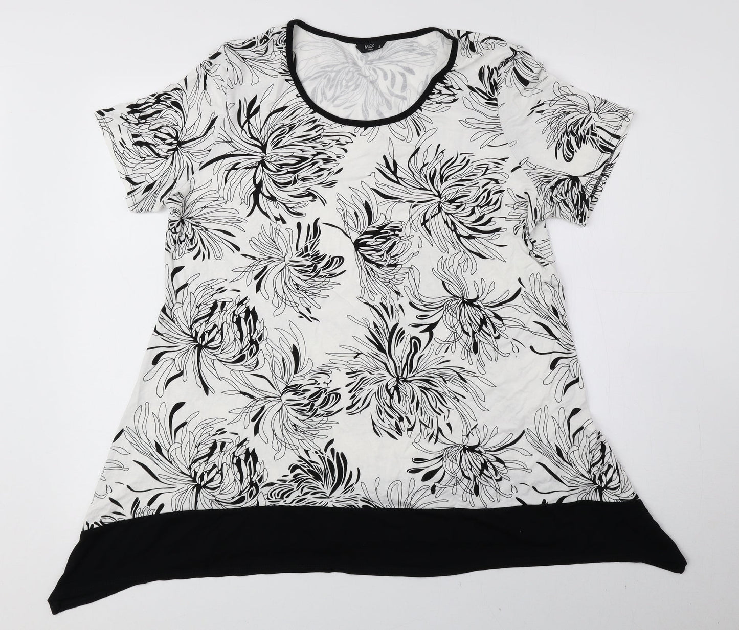 M&Co Womens Black Floral Viscose Basic Blouse Size 16 Round Neck - Asymmetric Hem