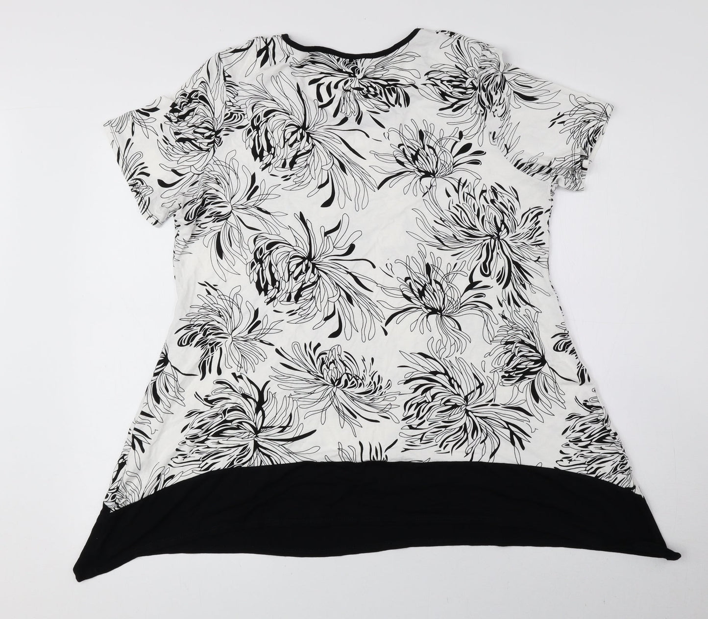 M&Co Womens Black Floral Viscose Basic Blouse Size 16 Round Neck - Asymmetric Hem