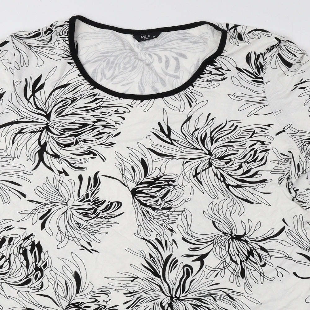 M&Co Womens Black Floral Viscose Basic Blouse Size 16 Round Neck - Asymmetric Hem