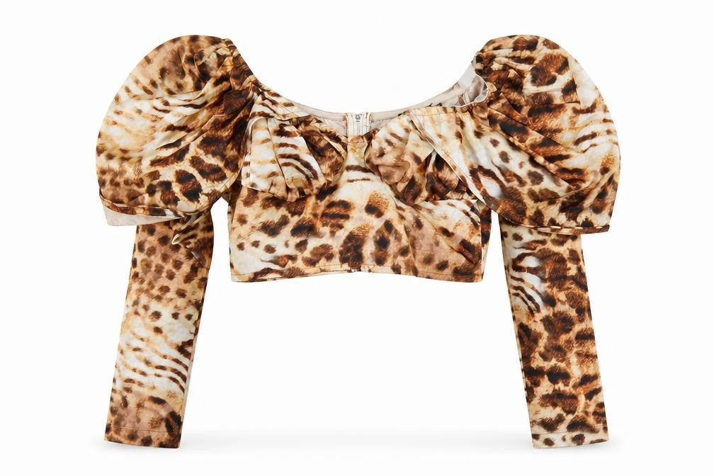 PRETTYLITTLETHING Womens Brown Animal Print Polyester Cropped Blouse Size 8 Boat Neck - Leopard Print