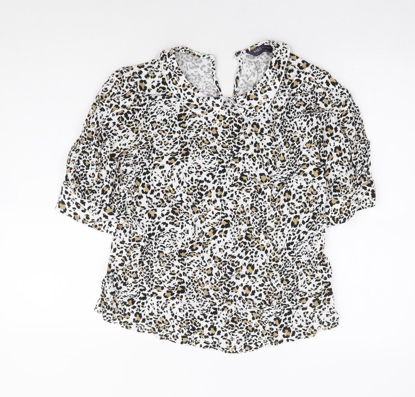 Marks and Spencer Womens White Animal Print Viscose Basic Blouse Size 8 Collared - Leopard Print