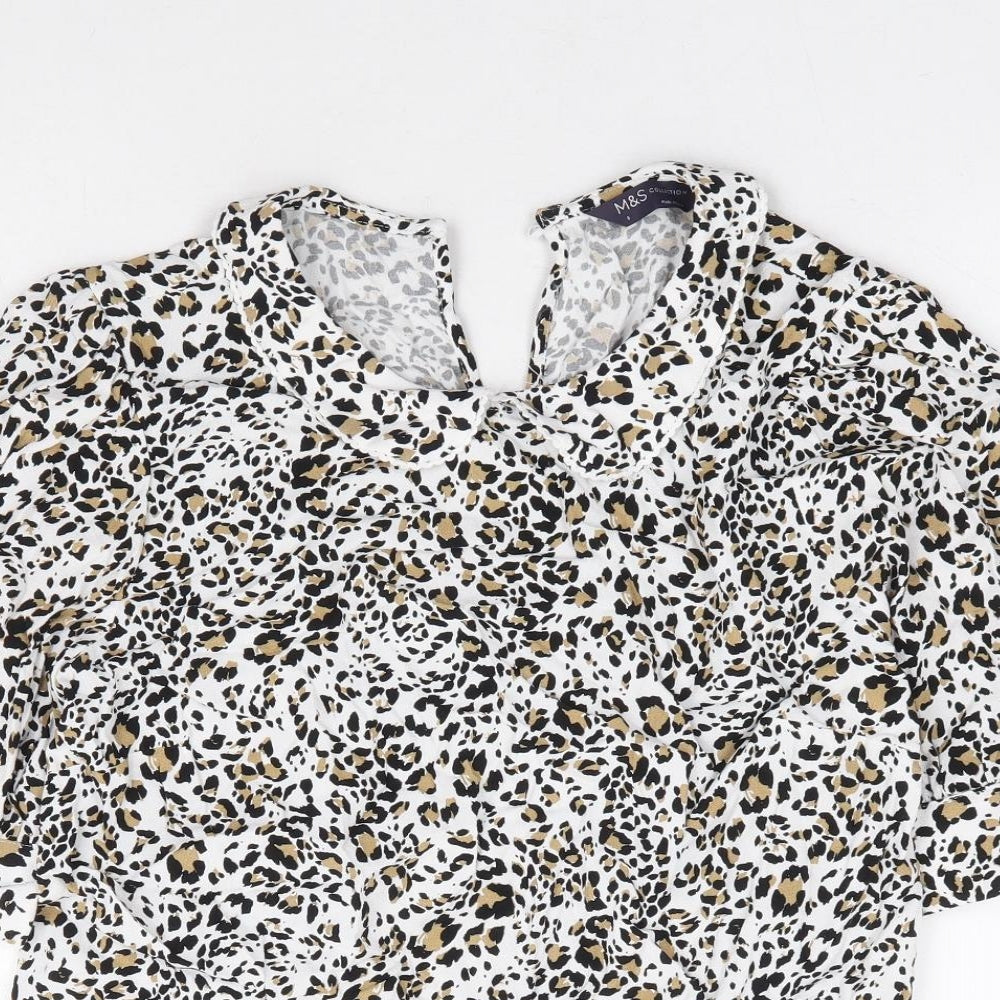 Marks and Spencer Womens White Animal Print Viscose Basic Blouse Size 8 Collared - Leopard Print