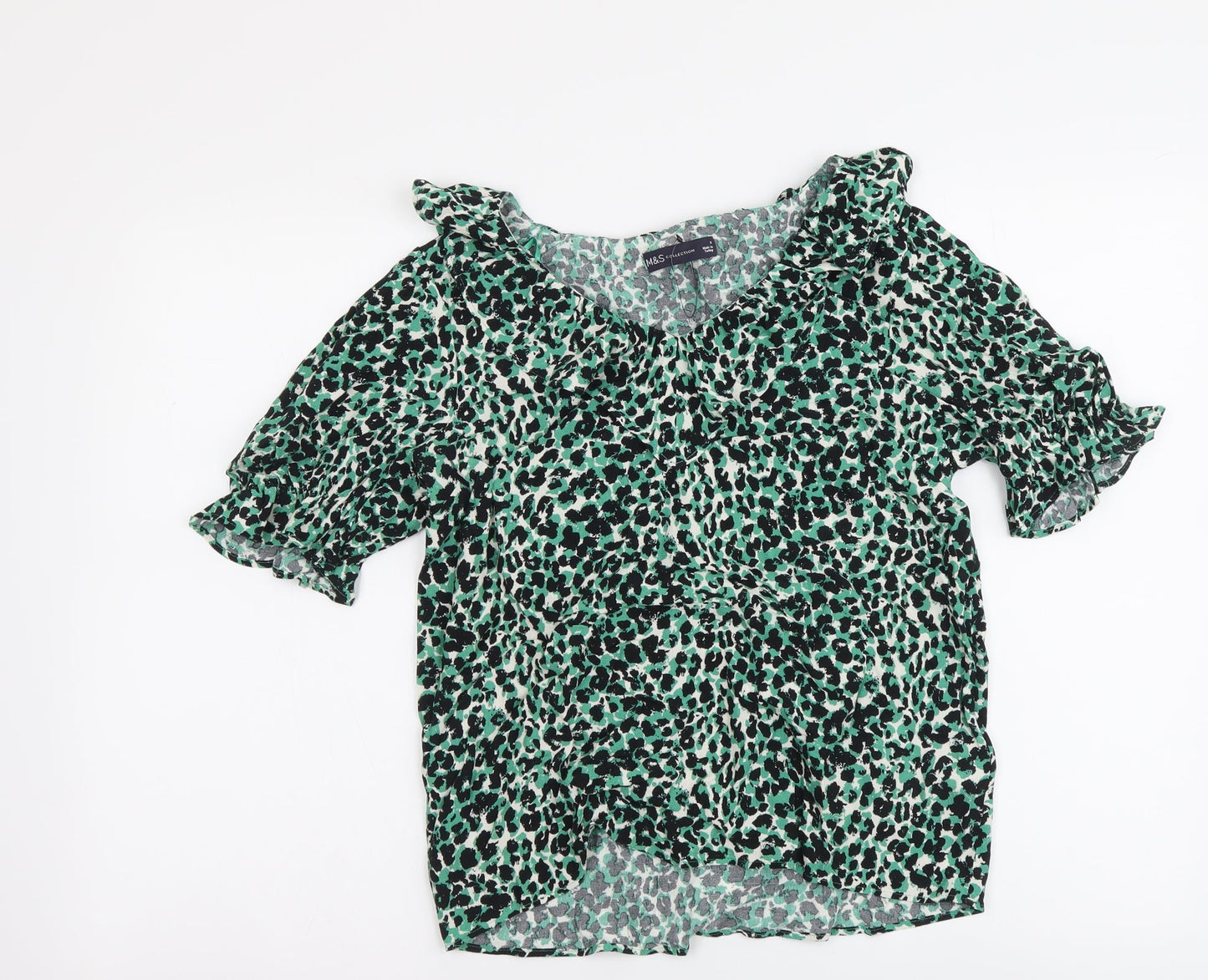 Marks and Spencer Womens Green Animal Print Viscose Basic Blouse Size 8 V-Neck