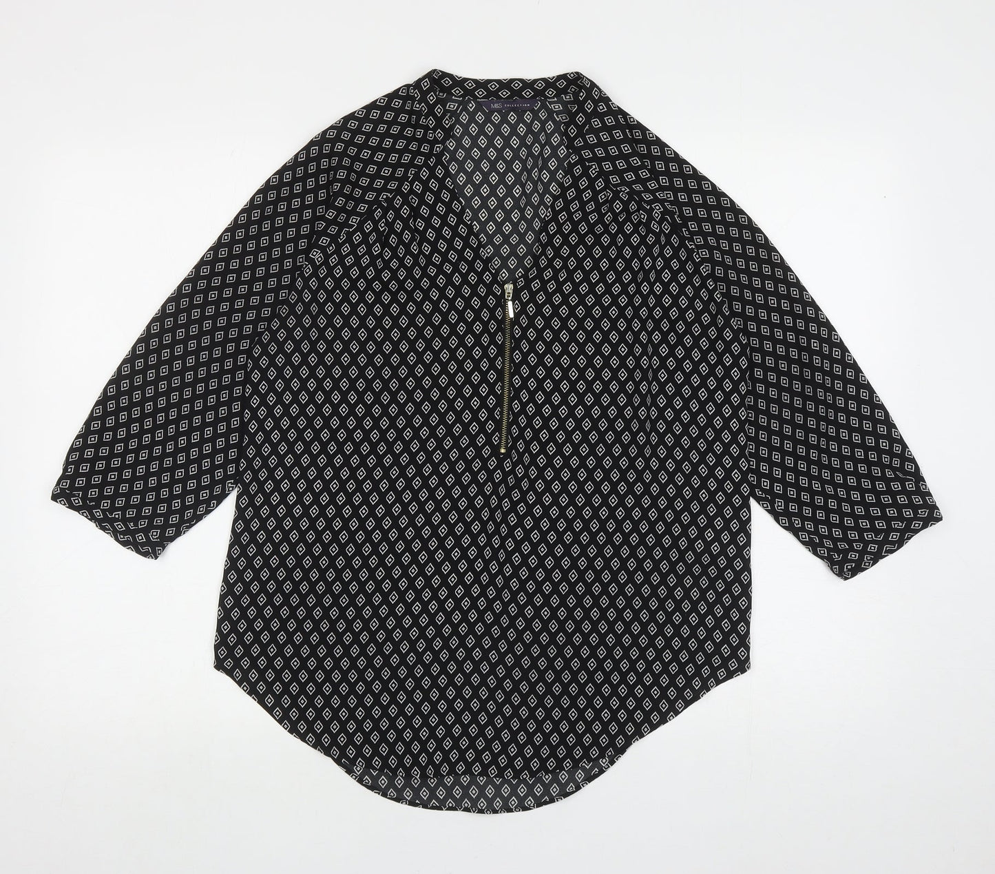 Marks and Spencer Womens Black Geometric Polyester Basic Blouse Size 10 V-Neck