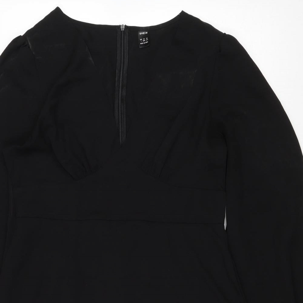 SheIn Womens Black Polyester A-Line Size L V-Neck Zip