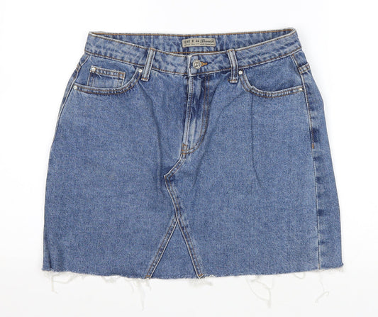 Denim & Co. Womens Blue Cotton A-Line Skirt Size 12 Zip - Distressed Hem