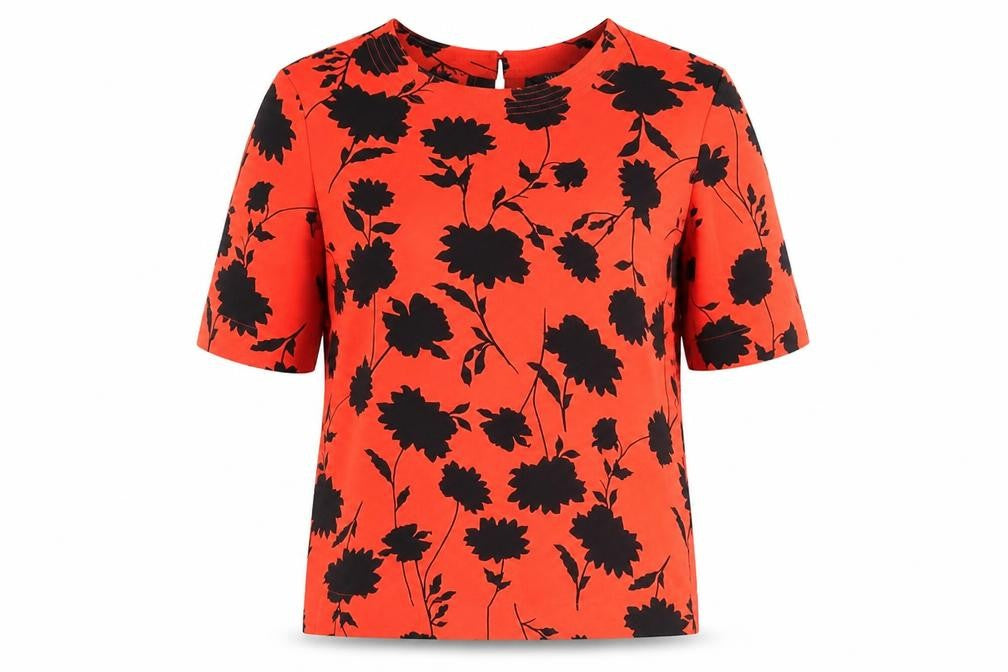 Marks and Spencer Womens Red Floral Polyester Basic T-Shirt Size 6 Round Neck