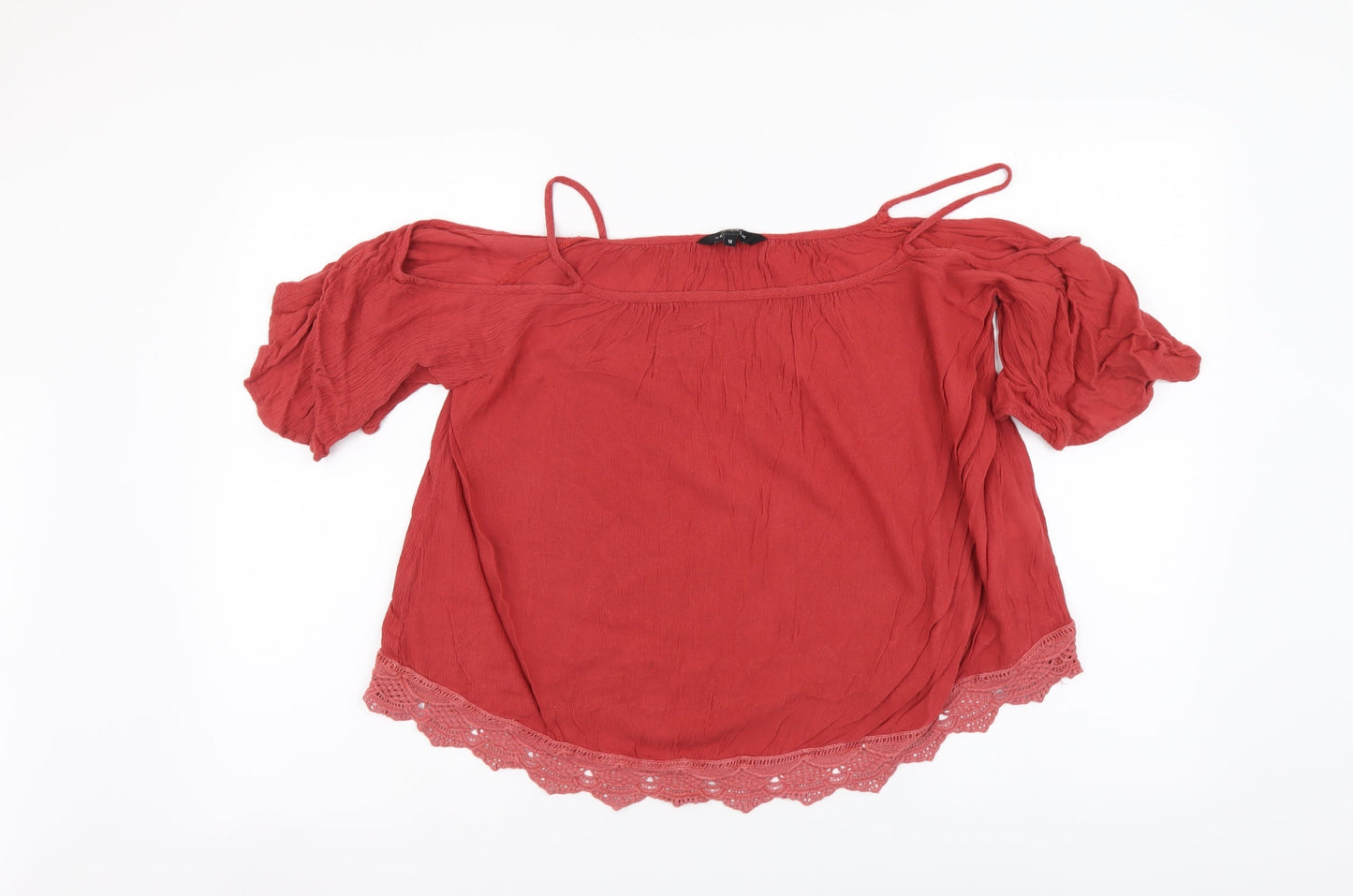 New Look Womens Red Viscose Basic Blouse Size 12 Round Neck