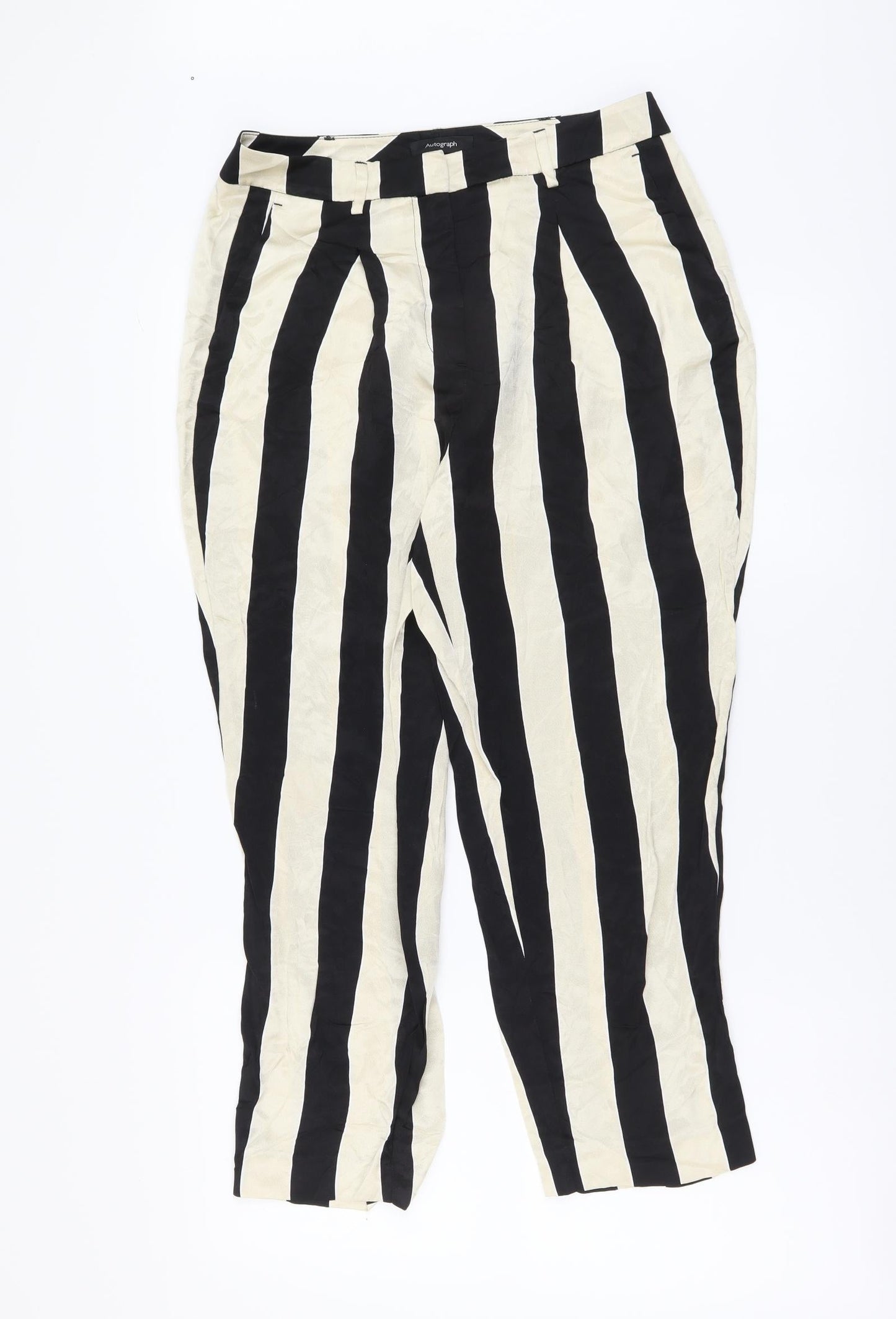 Marks and Spencer Womens Beige Striped Polyester Cropped Trousers Size 10 L23 in Regular Button