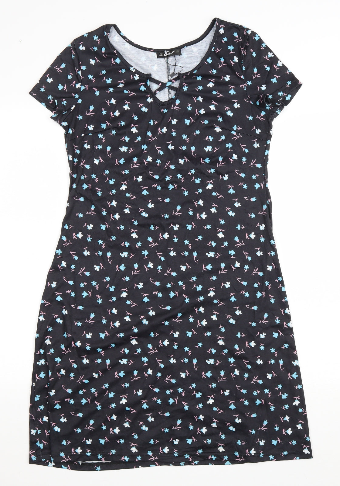 SHEILAY Womens Black Floral Polyester T-Shirt Dress Size M V-Neck Pullover - Lace up detail