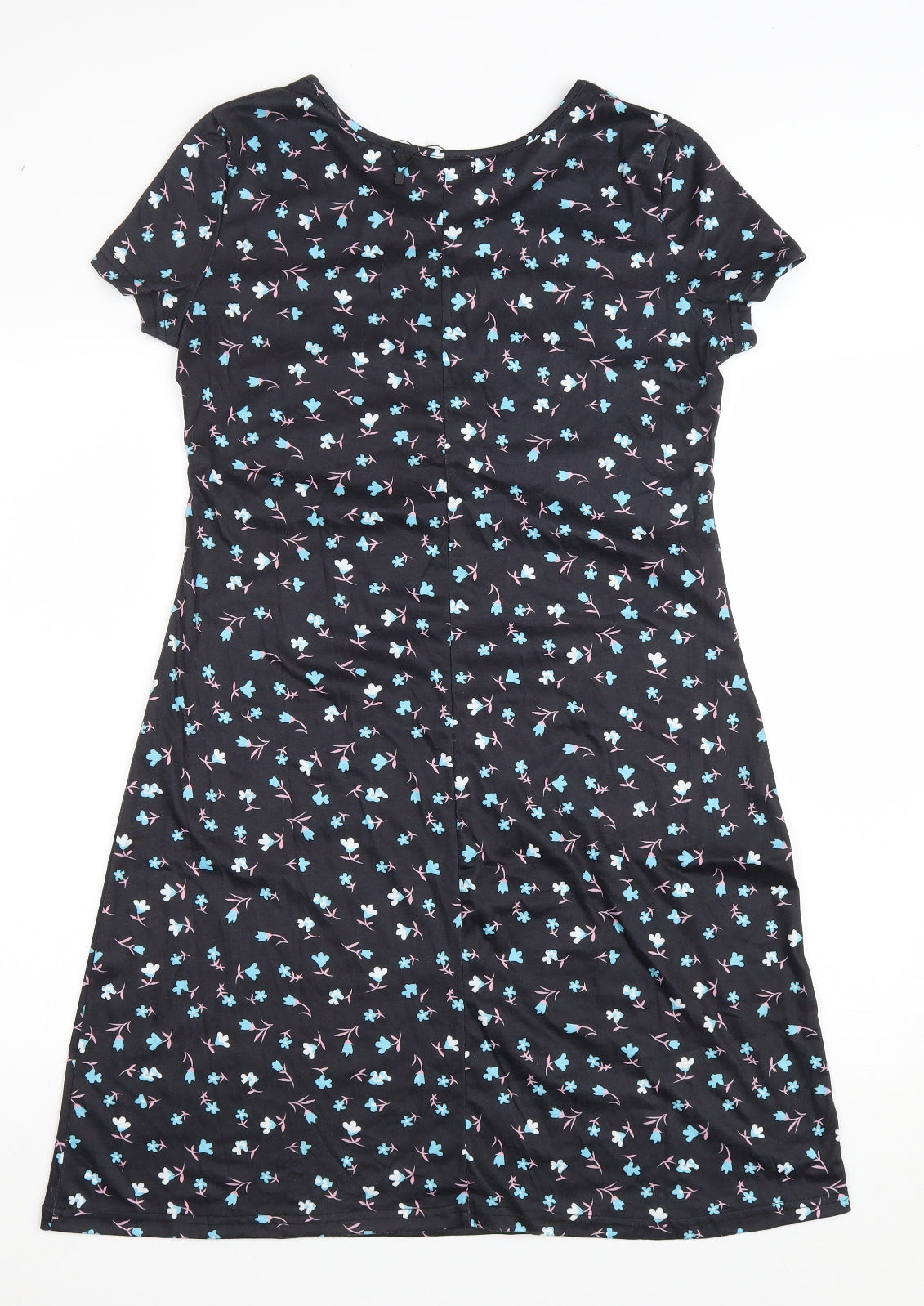 SHEILAY Womens Black Floral Polyester T-Shirt Dress Size M V-Neck Pullover - Lace up detail