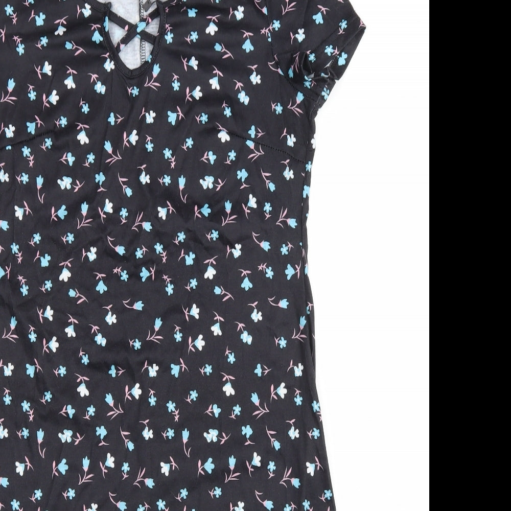 SHEILAY Womens Black Floral Polyester T-Shirt Dress Size M V-Neck Pullover - Lace up detail