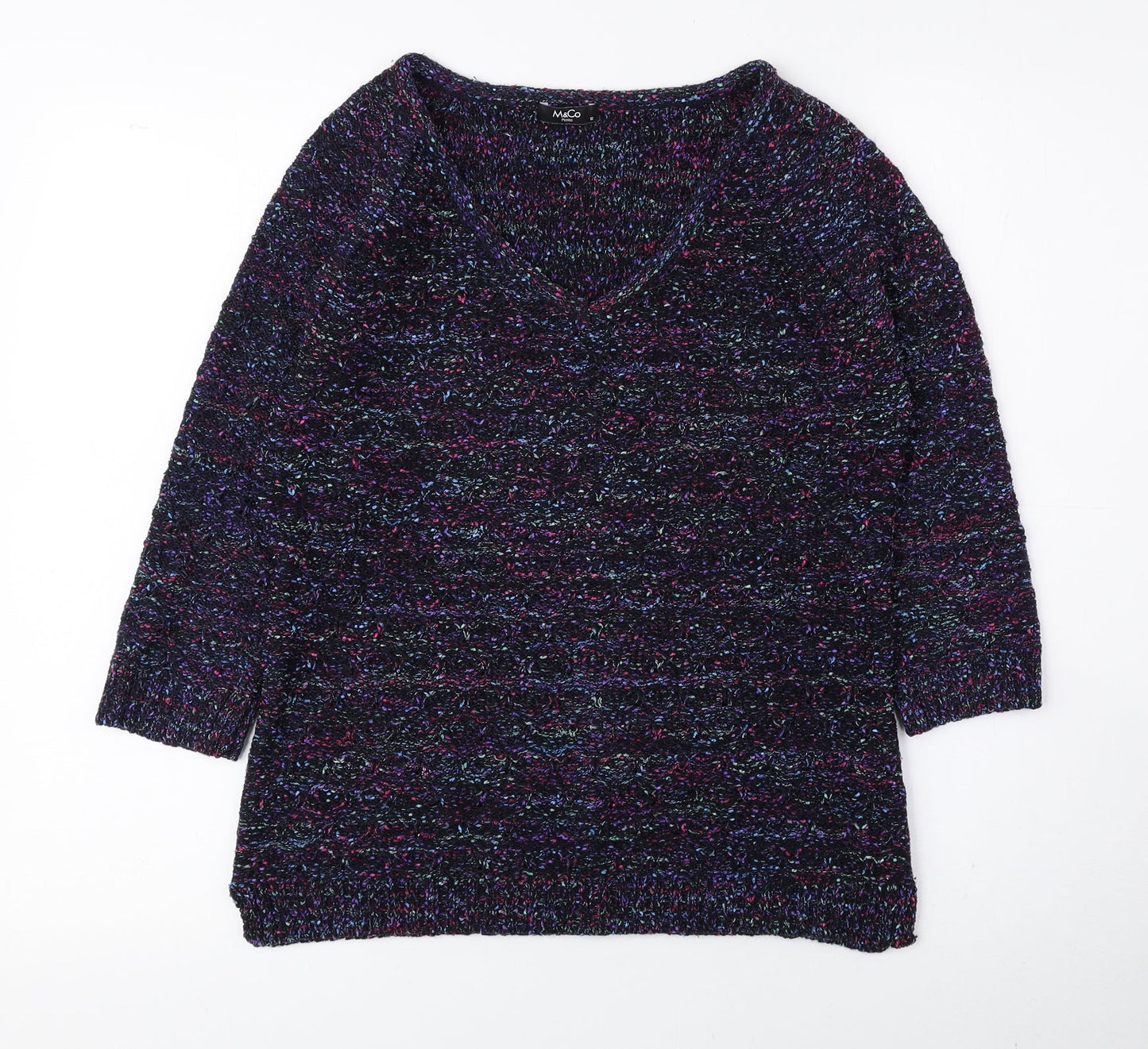 M&Co Womens Multicoloured V-Neck Polyester Pullover Jumper Size 12