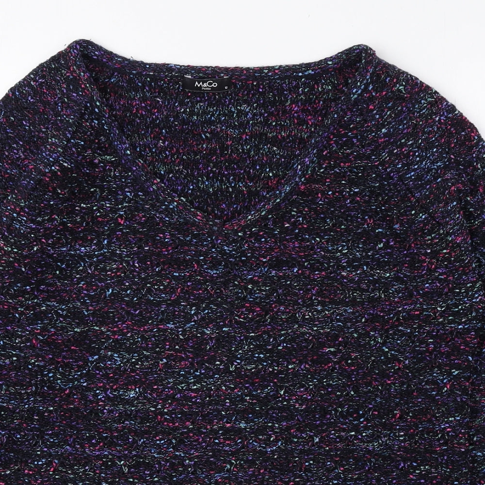 M&Co Womens Multicoloured V-Neck Polyester Pullover Jumper Size 12