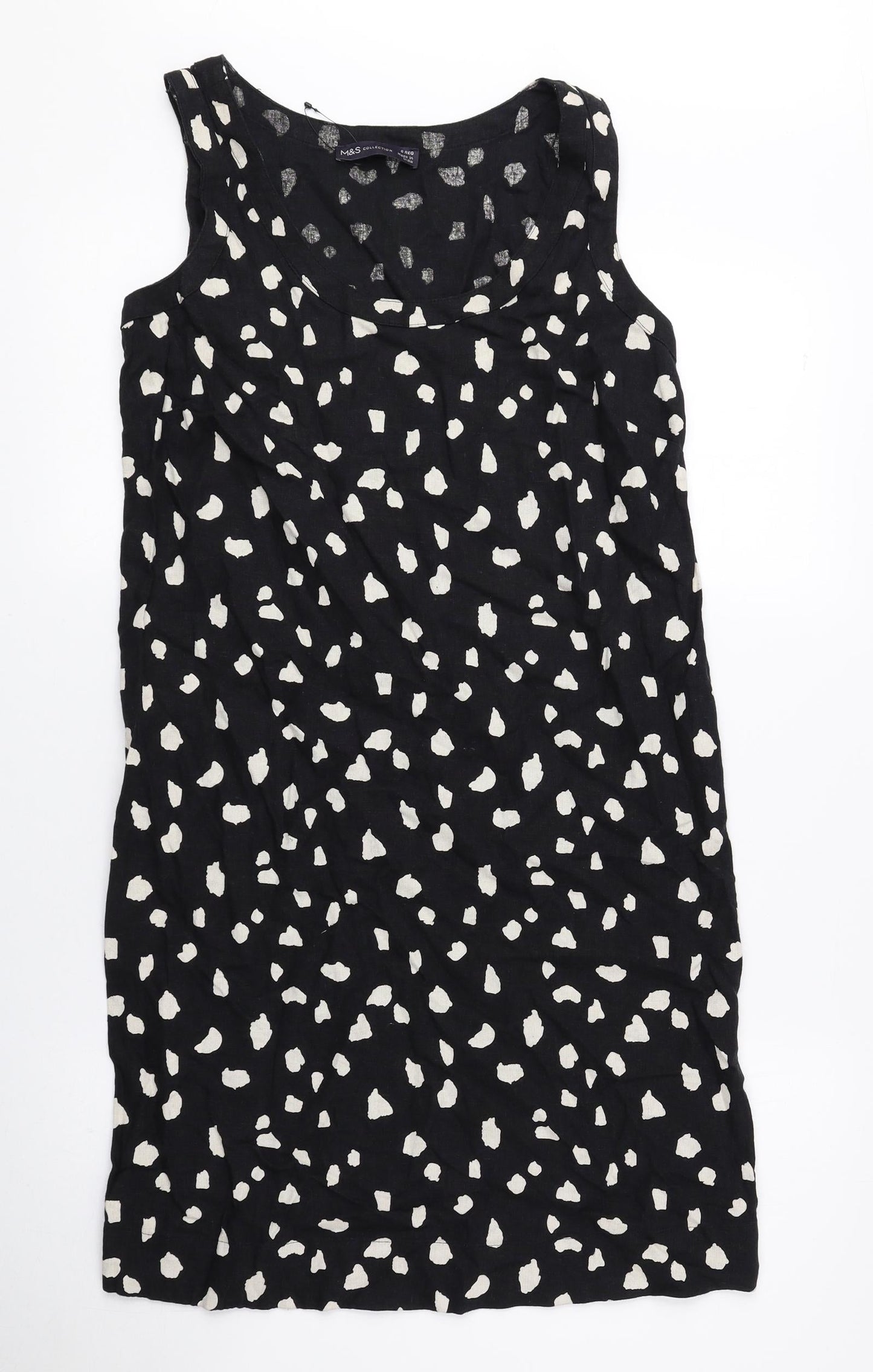 Marks and Spencer Womens Black Polka Dot Flax A-Line Size 6 Scoop Neck Pullover