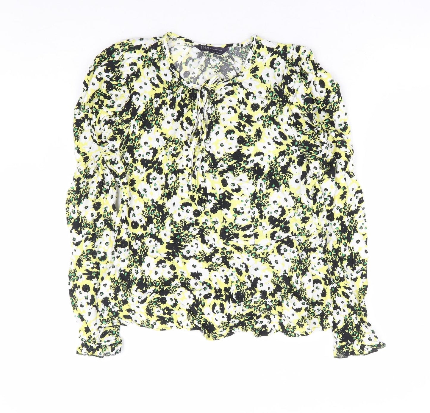 Marks and Spencer Womens Yellow Floral Viscose Basic Blouse Size 10 Round Neck - Tie Front
