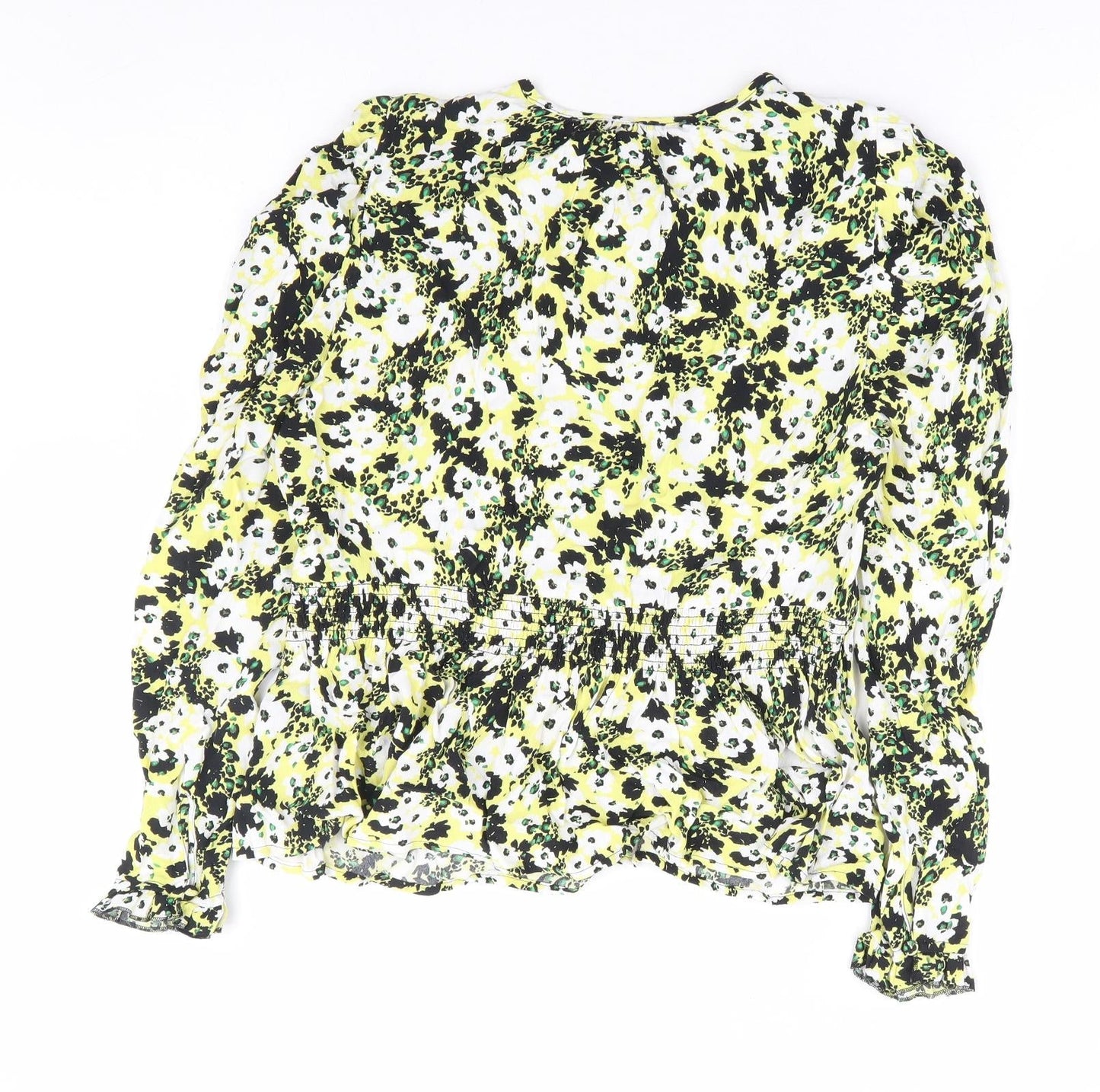 Marks and Spencer Womens Yellow Floral Viscose Basic Blouse Size 10 Round Neck - Tie Front
