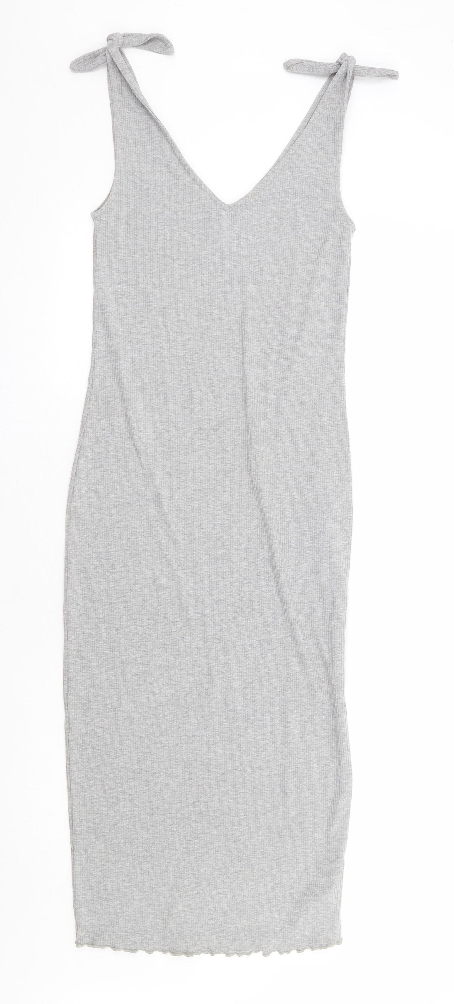 Topshop Womens Grey Polyester Tank Dress Size 8 V-Neck Tie - Ribbed