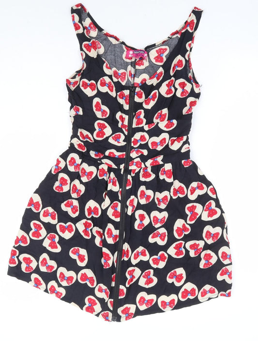 Boohoo Sister Girls Black Geometric Viscose A-Line Size 14 Years Scoop Neck Zip - Bow Print