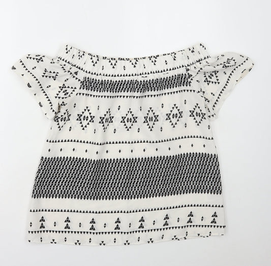 Atmos & Here Womens White Geometric Polyester Basic Blouse Size 10 Off the Shoulder
