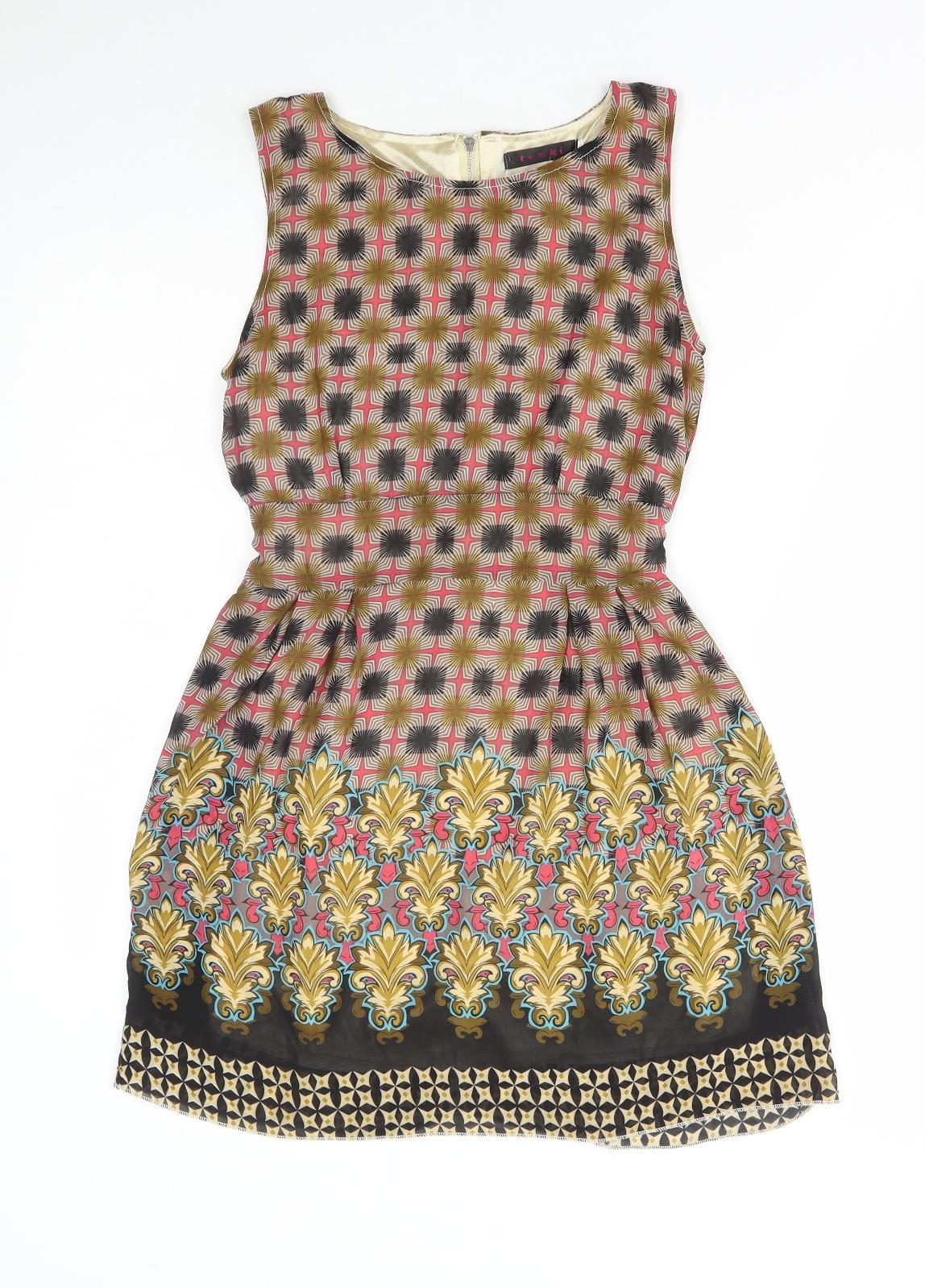 TENKI Womens Multicoloured Geometric Polyester A-Line Size 8 Boat Neck Zip